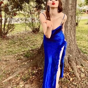 Royal Blue Satin Slip Gown with Feather Trim